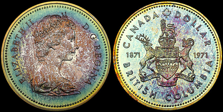 Colorfully toned 1971 Canadian silver dollar